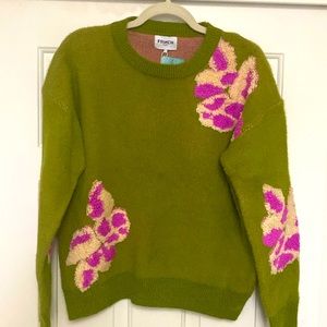 FRNCH Paris green sweater with pink flower detail size Large